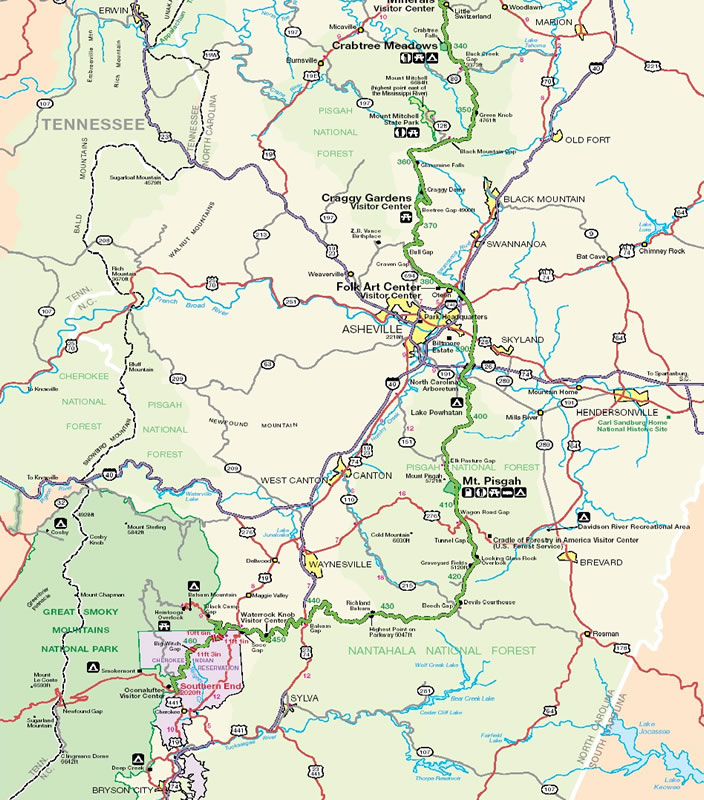 Map of the Blue Ridge Parkway Smokey Mountins North Carolina