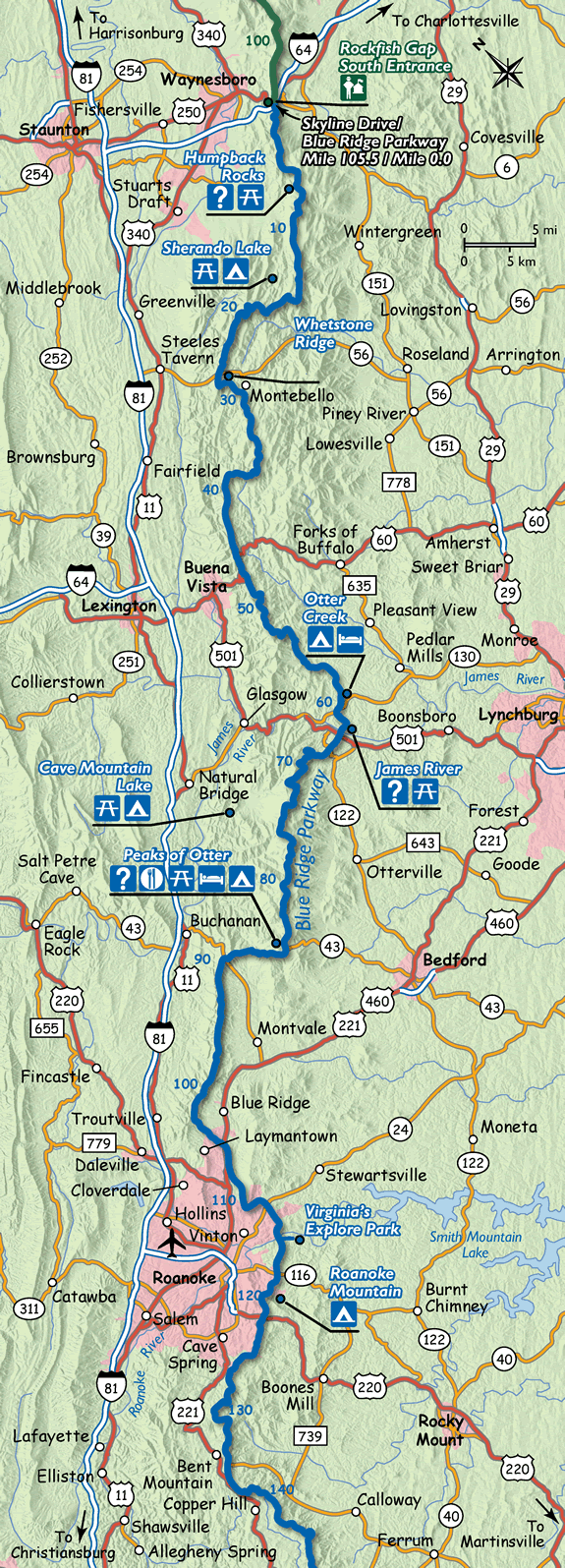 Map of the Blue Ridge Parkway Northern End