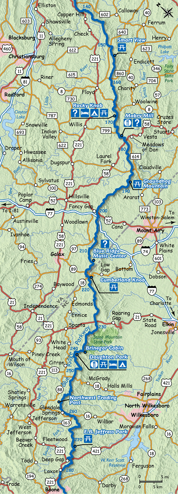 Map of the Blue Ridge Parkway Virginia - North Carolina State Line